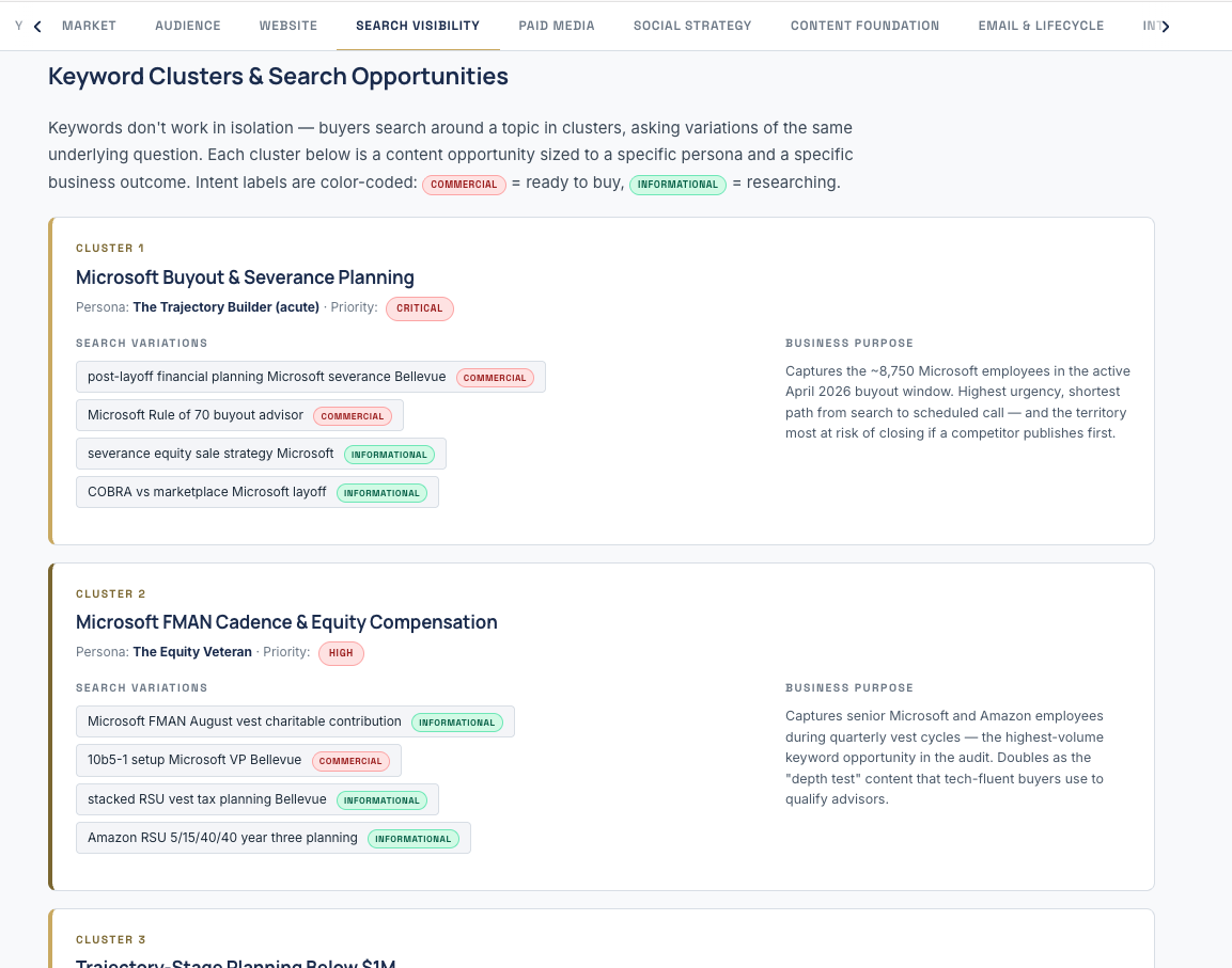 Search Visibility tab — SEO and AI search analysis