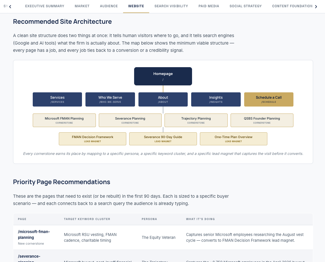 Website tab — audit and recommendations